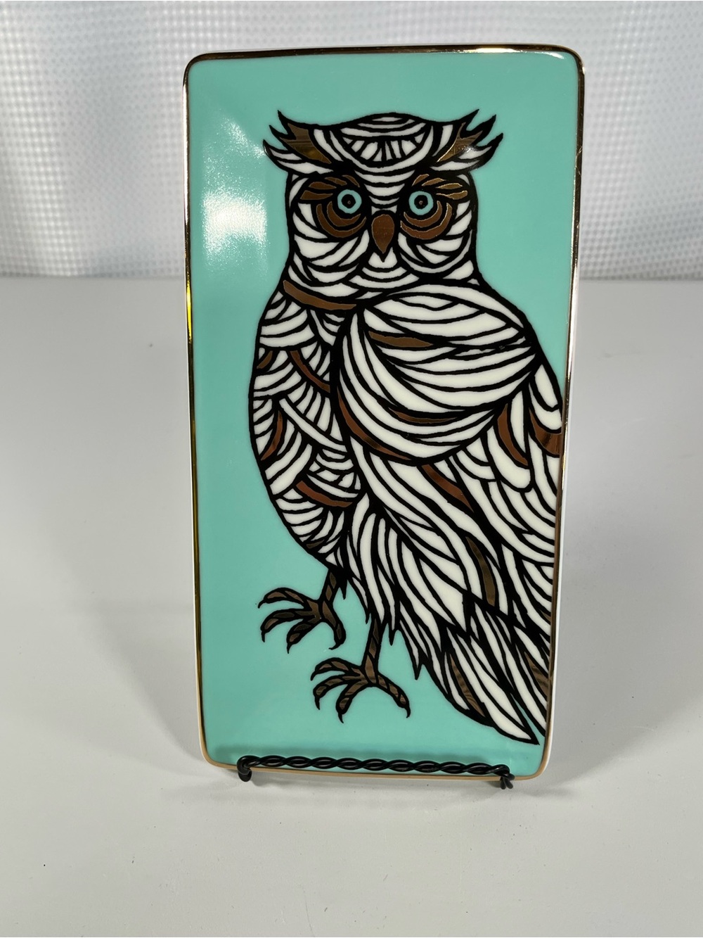 Aqua Owl Decorative Accent Tray with Gold Trim
